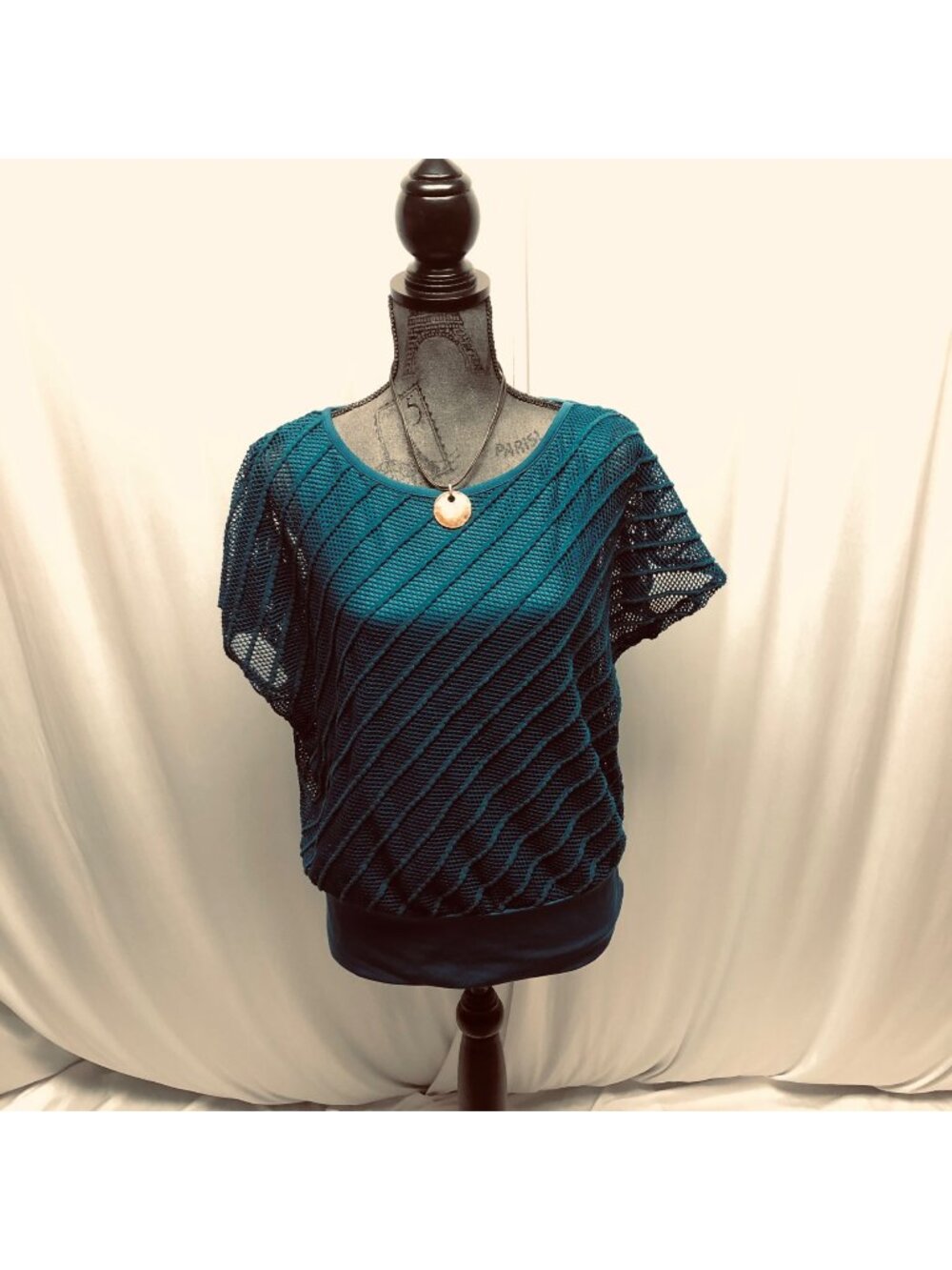AB Studio Teal Mesh Overlay Attached Solid Tank Top Womens Sz Small Short Sleeve